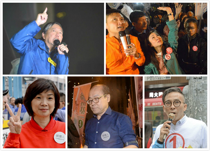 今次補選共有5名候選人，包括陳凱欣（上右）、李卓人（上左）、伍迪希（右下）、馮檢基、曾麗文（左下）