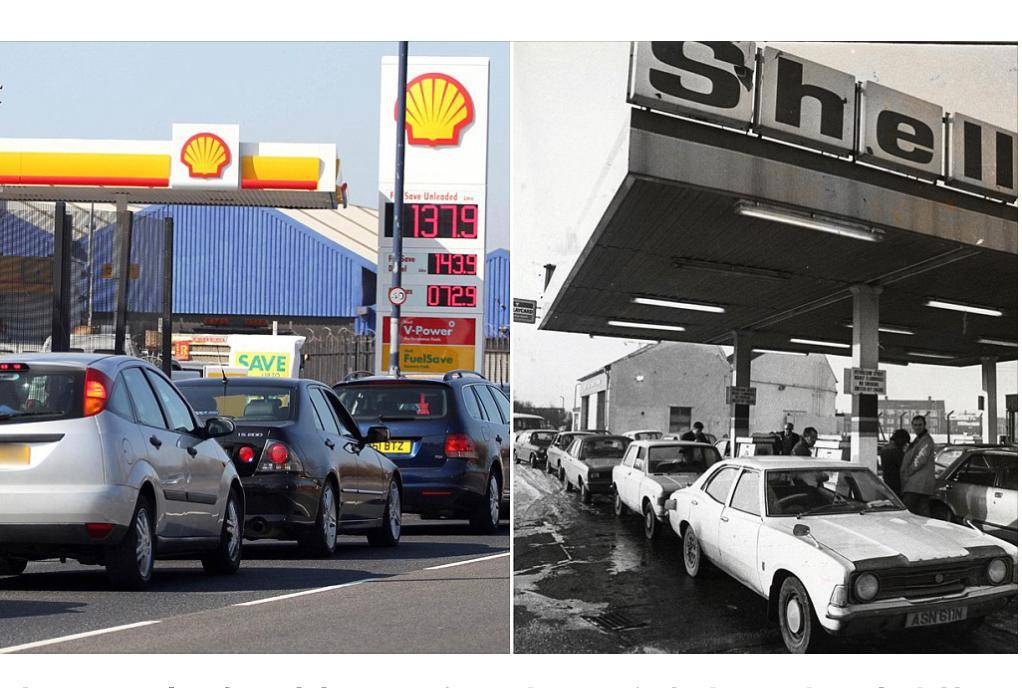 九月中旬英國汽油短缺加油站排起長龍（左）以及上世紀70年代英國汽油荒（右）。