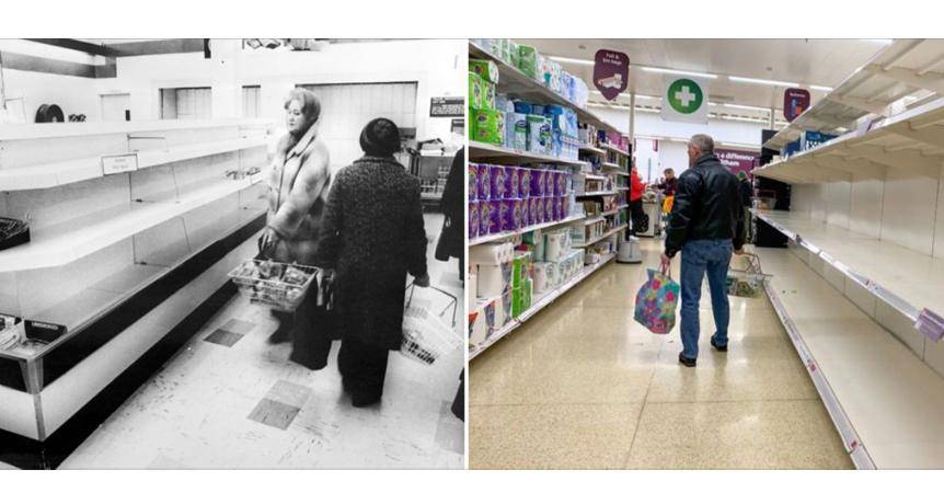 1971年1月英國市場商品短缺（左）以及2021年3月英國市場商品短缺（右） 。
