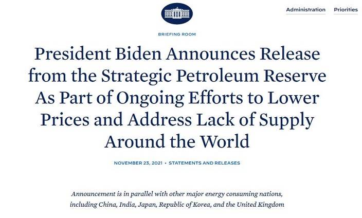 白宮宣布，美國能源部將從戰略石油儲備中釋放5000萬桶原油。