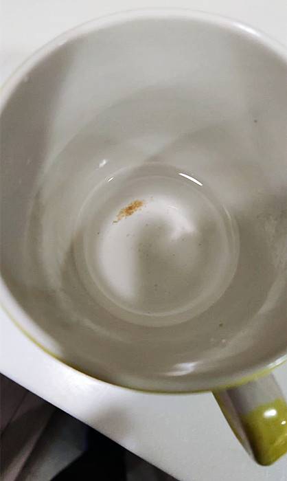 電熱水爐斟出來的水，呈現鐵銹色物體，沉在杯底飄蕩。