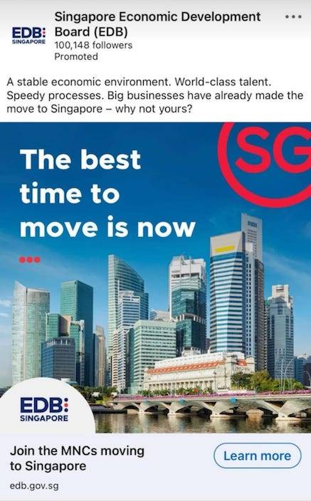 新加坡經濟發展局近期大力宣傳外商遷移該國，囗號是「現在是最佳時機」。