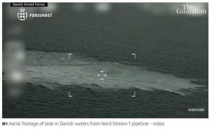 英國《衛報》稱，丹麥通過軍事飛行拍下了洩漏處的現場圖像，其中一張顯示海面上出現了一片類似氣體冒泡區域。《衛報》視頻報道截圖