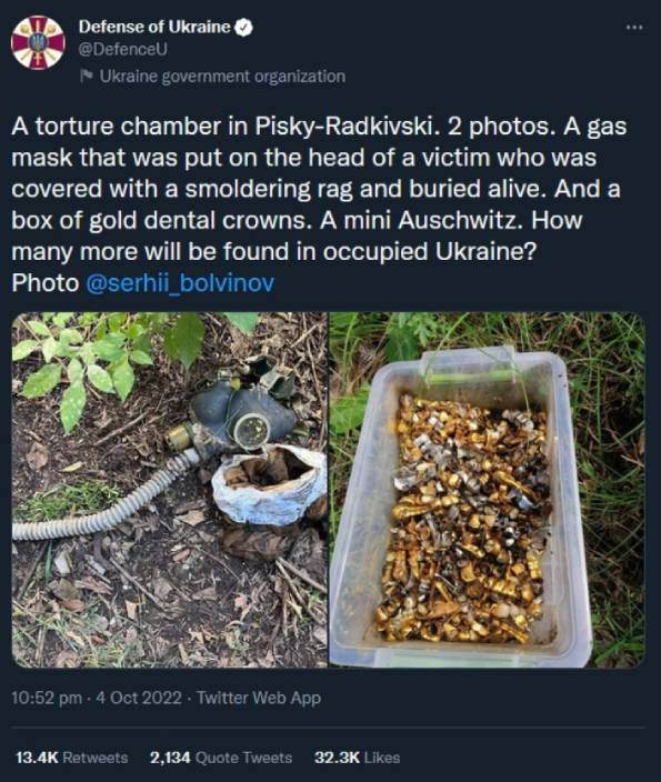 烏克蘭國務部在推特批評俄軍在哈爾科夫附近的村落犯下「罪行」。