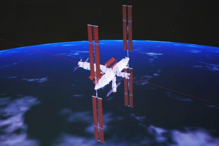  神舟十五號載人飛船與天和核心艙自主快速交會對接的模擬圖像。新華社