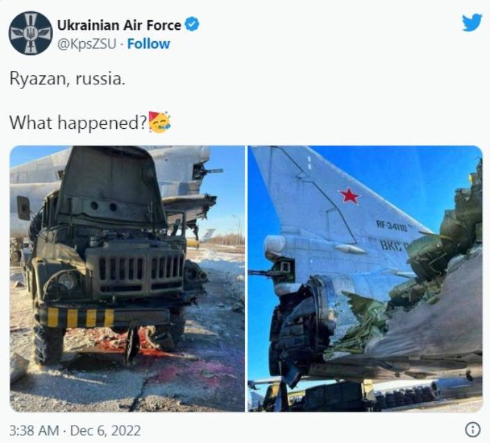 烏克蘭空軍也在推特對俄軍斯空軍遇襲「幸災樂禍」。推特圖片。