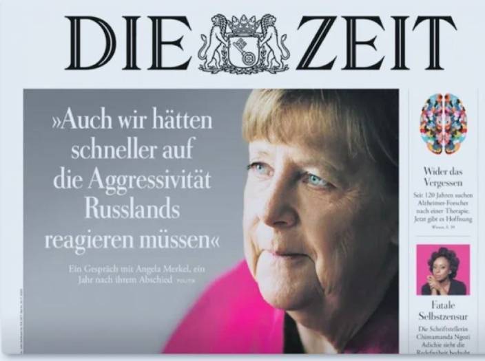 德國前總理默克爾早前接受德國《時代週報》（Die Zeit）專訪。《時代週報》封面圖片。