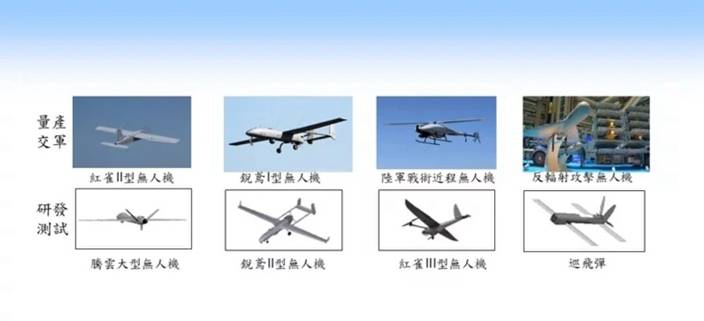 台軍發佈的列裝的4款軍用無人機及4款研究中型號 。