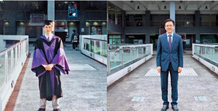 孫東畢業時(左)在工程大樓外留影，今日站在同一位置拍照，回憶返晒嚟。
