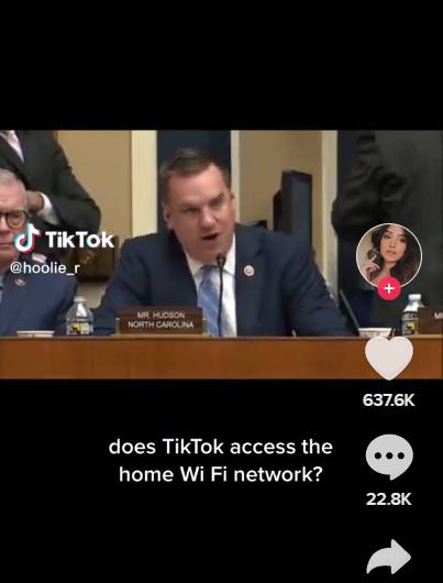 議員問TIKTOK是否會接入WiFi。