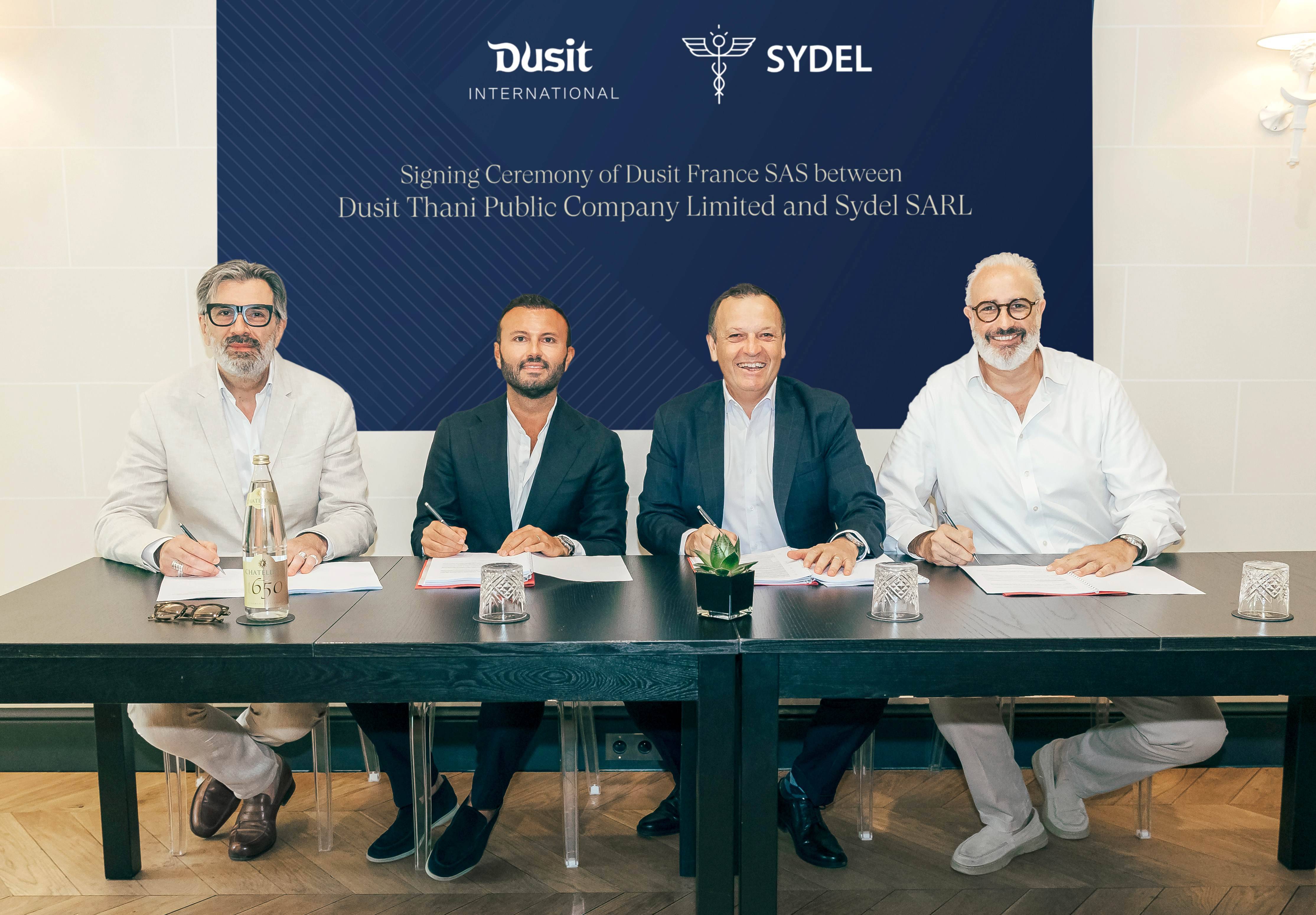 Dusit International and SYDEL formally established Dusit France at a signing ceremony held in Paris. Pictured (from left): Mr Donatien Carratier, Head of Dusit France; Mr Jordan Elbaz, Partner, SYDEL; Mr Gilles Cretallaz, Chief Operating Officer, Dusit International; and Mr David Elgrably, Partner, SYDEL. 