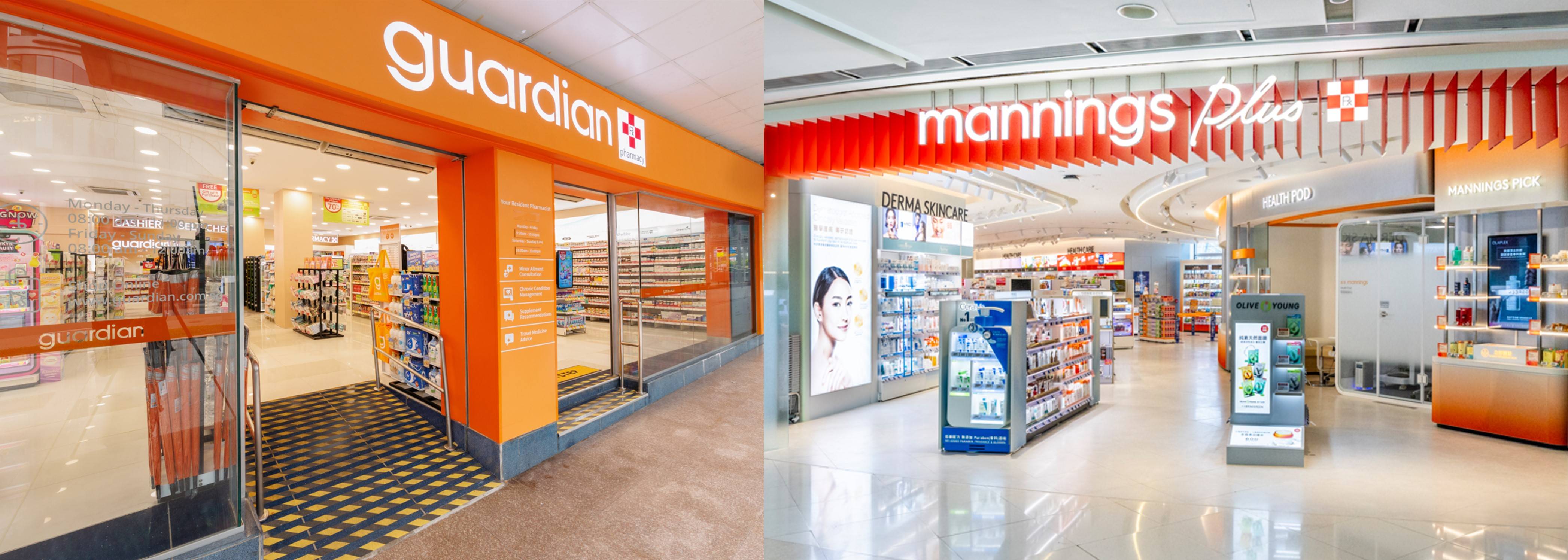 Guardian and Mannings stores under DFI Retail Group 