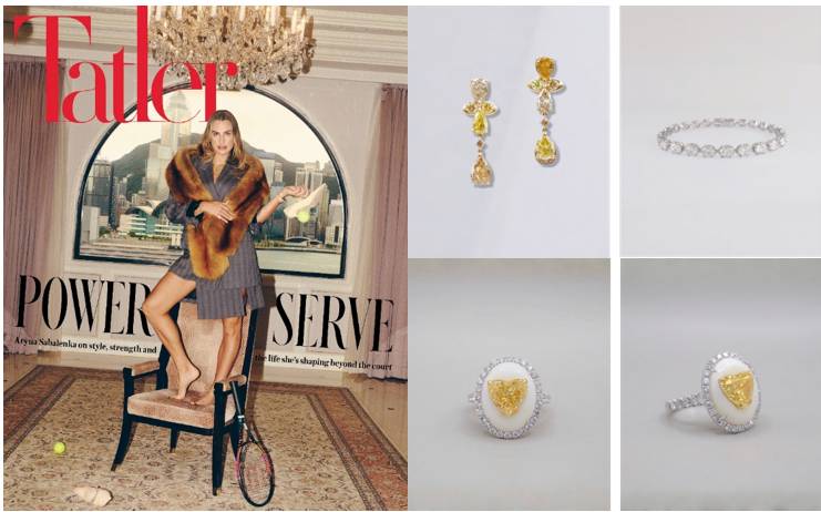 Aryna Sabalenka wears high jewellery from Claudia Ma, including fancy natural diamond earrings in 18K yellow gold, a yellow heart-shaped natural diamond ring set in white coral and 18K white gold, a natural diamond tennis bracelet in 18K white gold. (Image courtesy of Tatler Hong Kong) 