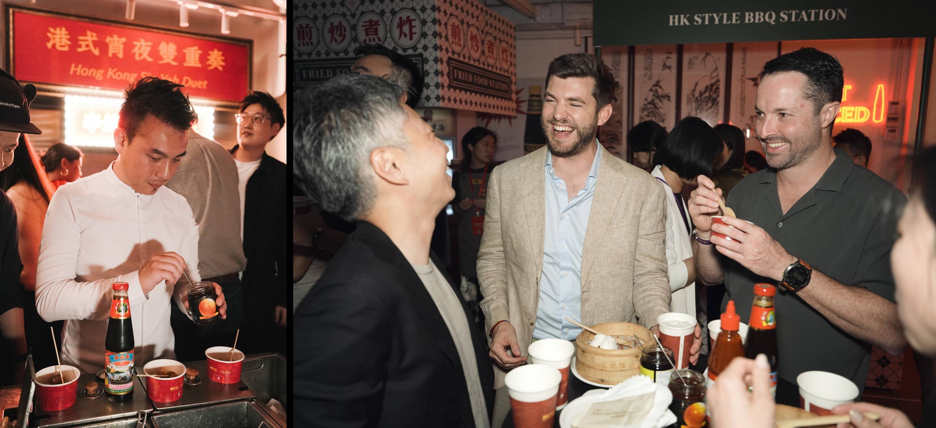 (Left) Chef Vicky presents classic Hong Kong late-night dishes at Lin Heung Lau; (Right) Guests enjoying the nostalgic flavours. 