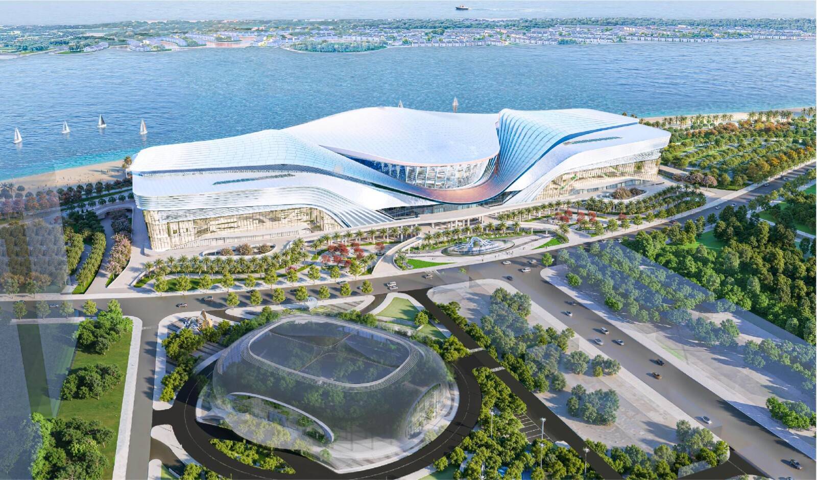 Perspective view of the Blue Wave Theater—Southeast Asia's largest theater, located within the Vietnam Exposition Center in Can Gio, Ho Chi Minh City (VEC Can Gio). 