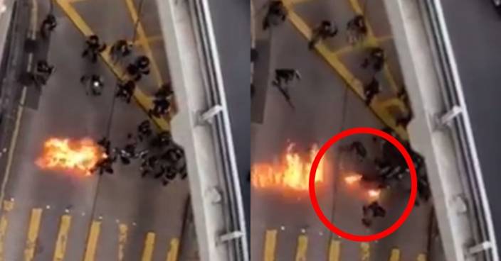 示威者天橋掟汽油彈 防暴警中招雙腳起火