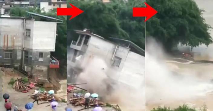 廣西柳州樓高三層房屋雨中倒塌 住戶早已撤離逃過大難