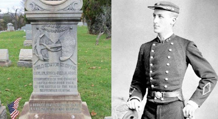 年輕時的馬吉芬(右)和他於美國賓夕凡尼亞州的墓碑。(網上圖片合成)
