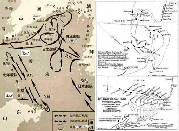 甲午黃海海戰示戰圖。右圖為美國《世紀雜誌》於1895年5至10月間刊登了馬吉芬繪畫的相關地圖。(網上圖片)